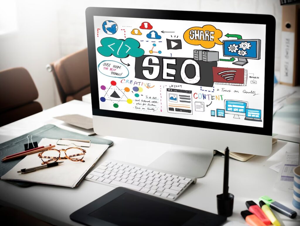Computer screen with SEO text on it