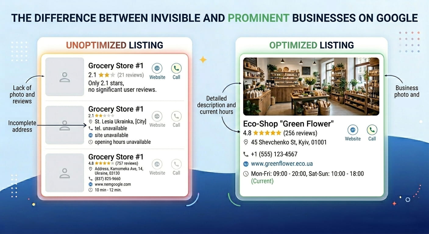 Comparison of optimized and unoptimized Google Business Profile