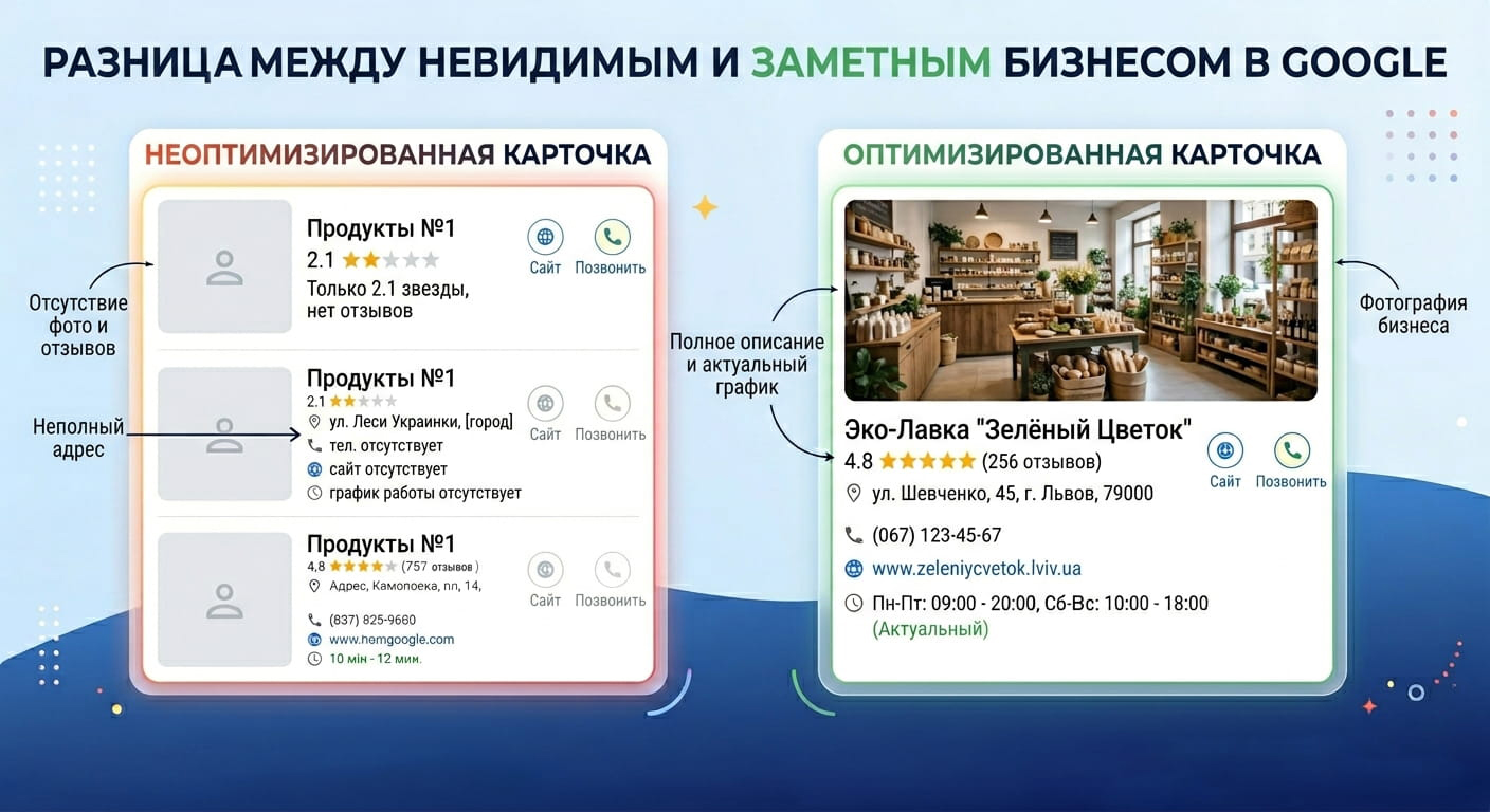 Сравнение оптимизированного Google Business Profile и не оптимизированного