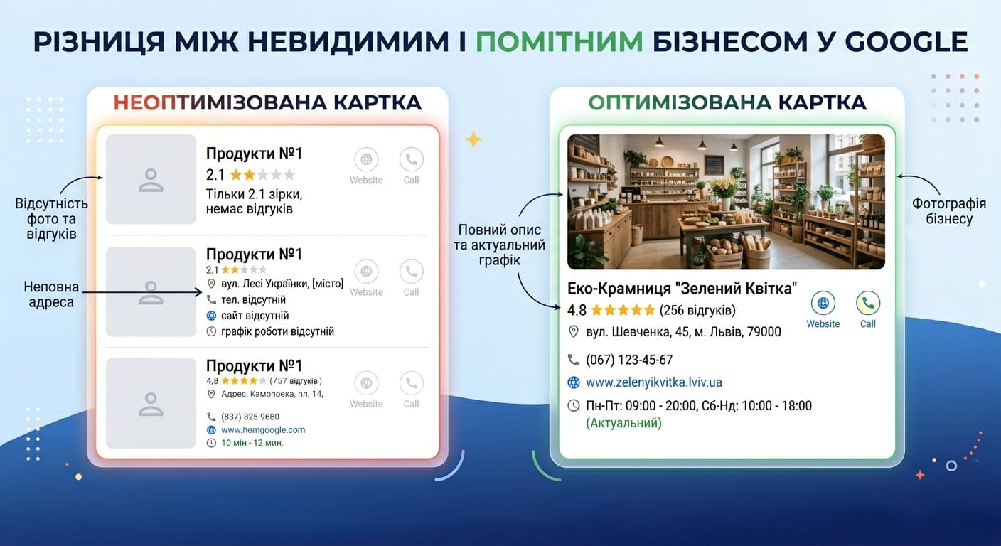 Порівняння оптимізованого Google Business Profile та не оптимізованого