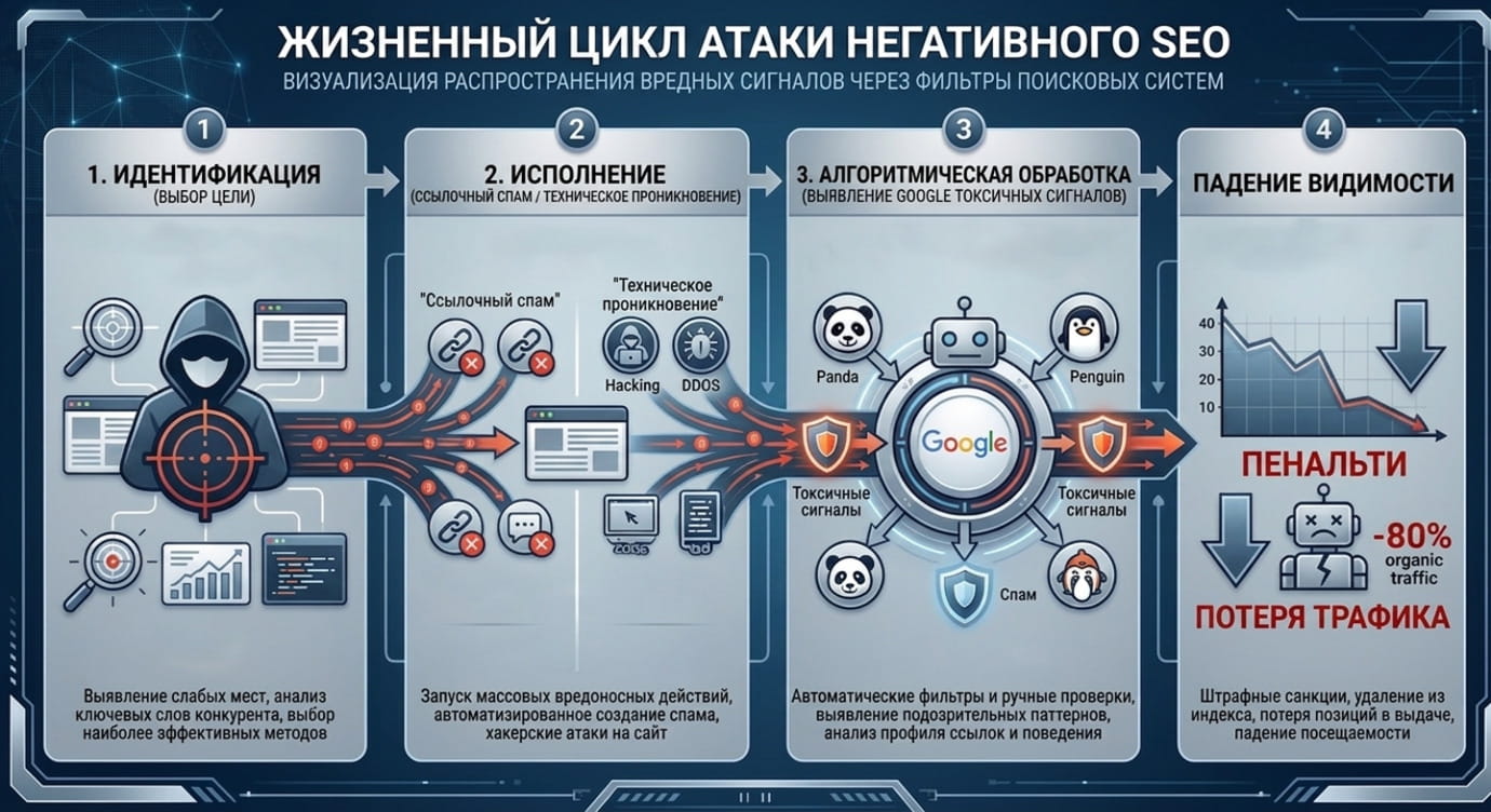 Жизненный цикл атаки негативного SEO